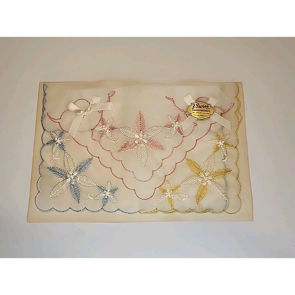 3 Vintage Embroidered Nylon Handkerchiefs Swiss Styled 8.5" New Blue Pink Yellow